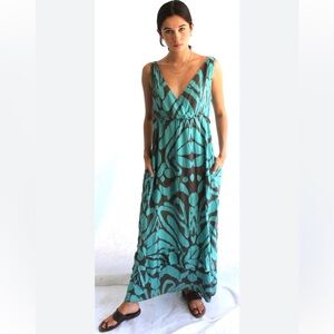 Banana Republic silk aqua & brown maxi dress, crossover v-neck, elastic waist
